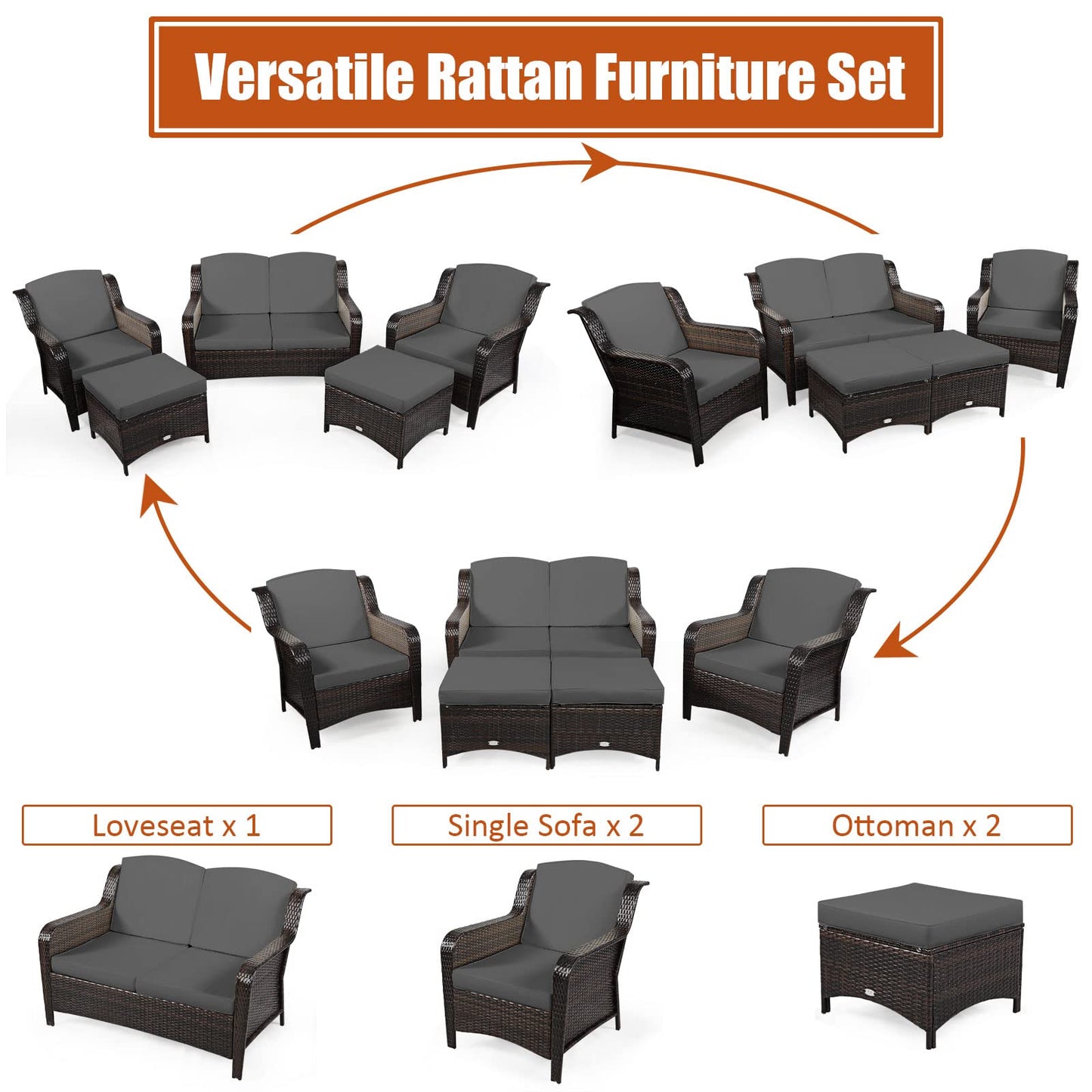 5 Pieces All-Weather Outdoor Sectional Conversation Set for Balcony Yard Lawn