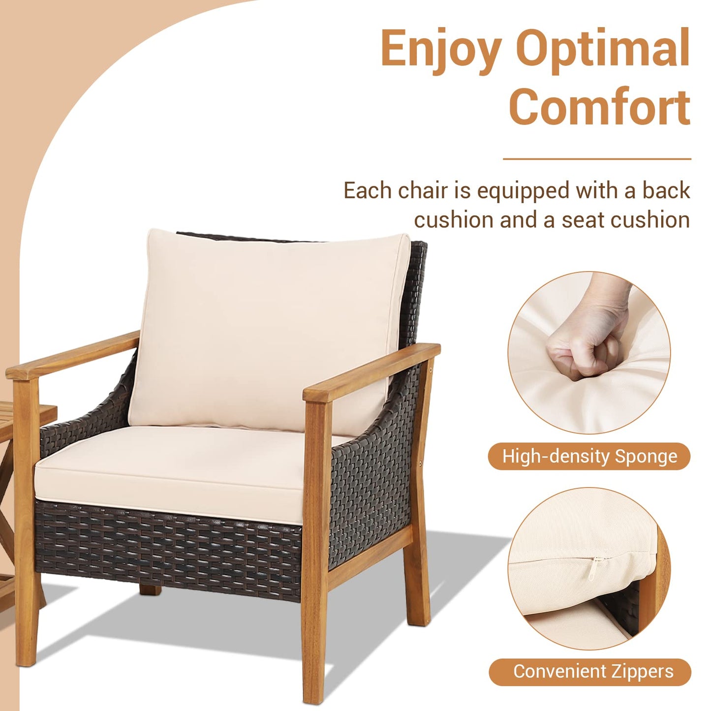 3 PCS Acacia Wood Garden Table and Chairs Patio Sofa Set with Coffee Table and Cushions