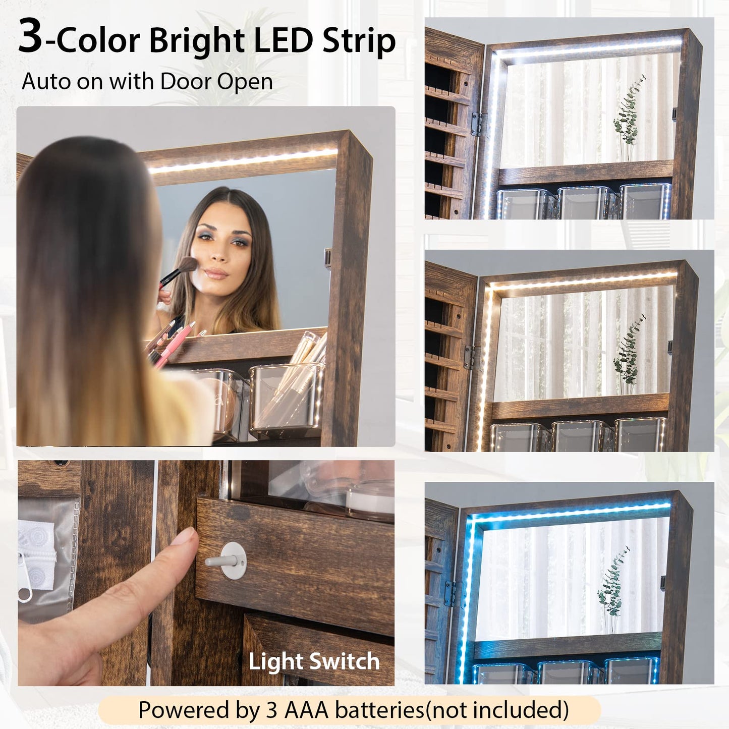 Lockable Floor Jewelry Armoire Organizer with Full Length Mirror