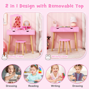 Kids Vanity Table and Stool Set with Square Mirror and Storage Shelf