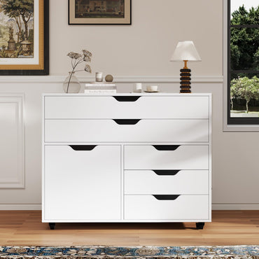 5-Drawer Chest with Door Mobile Chest of Drawers with 5 Casters
