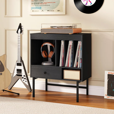Large Record Player Stand with Open Compartments and Album Holders