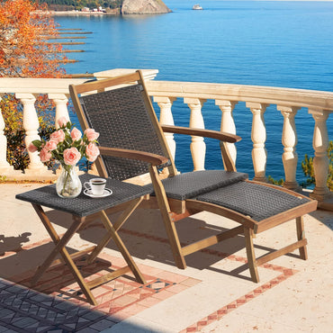 Folding Sun Lounger with Retractable Footrest & Wicker Side Table