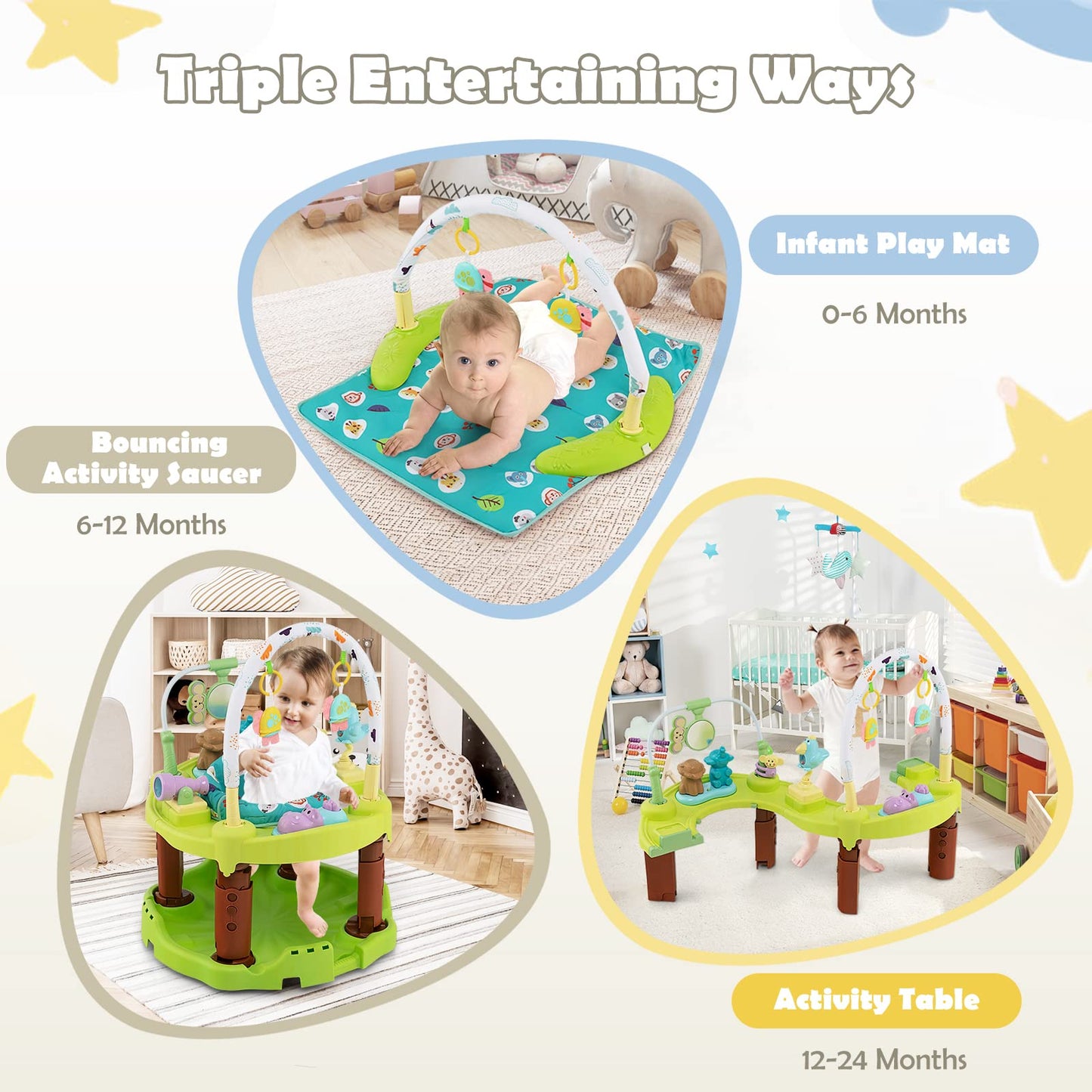 3 in 1 Toddler Bouncer Floor Mat Play Table with 3 Adjustable Height