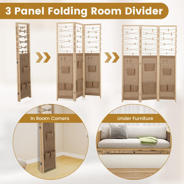 3 Panel Folding Room Divider with 8 Pockets