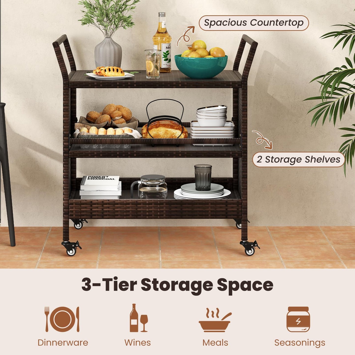 Outdoor Bar Cart 3-Tier Patio Rattan Storage Shelf with Lockable Universal Wheels