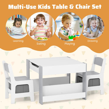 4 in 1 Kids Table and Chairs Set with Reversible Tabletop and Bookshelves
