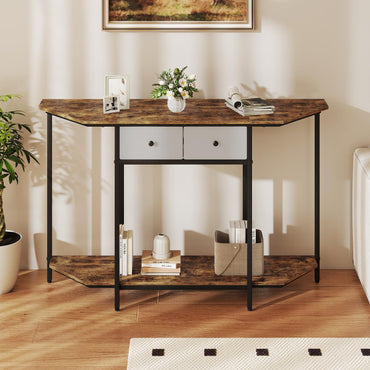 2-Tier Console Table Industrial Narrow Sofa Side Table with 2 Drawers and Shelf