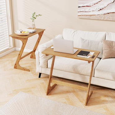 Z Shaped Bamboo Sofa Side End Couch Table for Snacks and Drinks