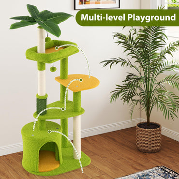 Cute Cat Tree for Adult Cats Multi-level Kitty Tower with Artificial Leaves