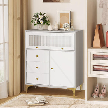 Giantex Wooden Chest of Drawers 3-Drawer Dresser Storage Cabinet with Flip Up Fluted Glass Door & Adjustable Shelf