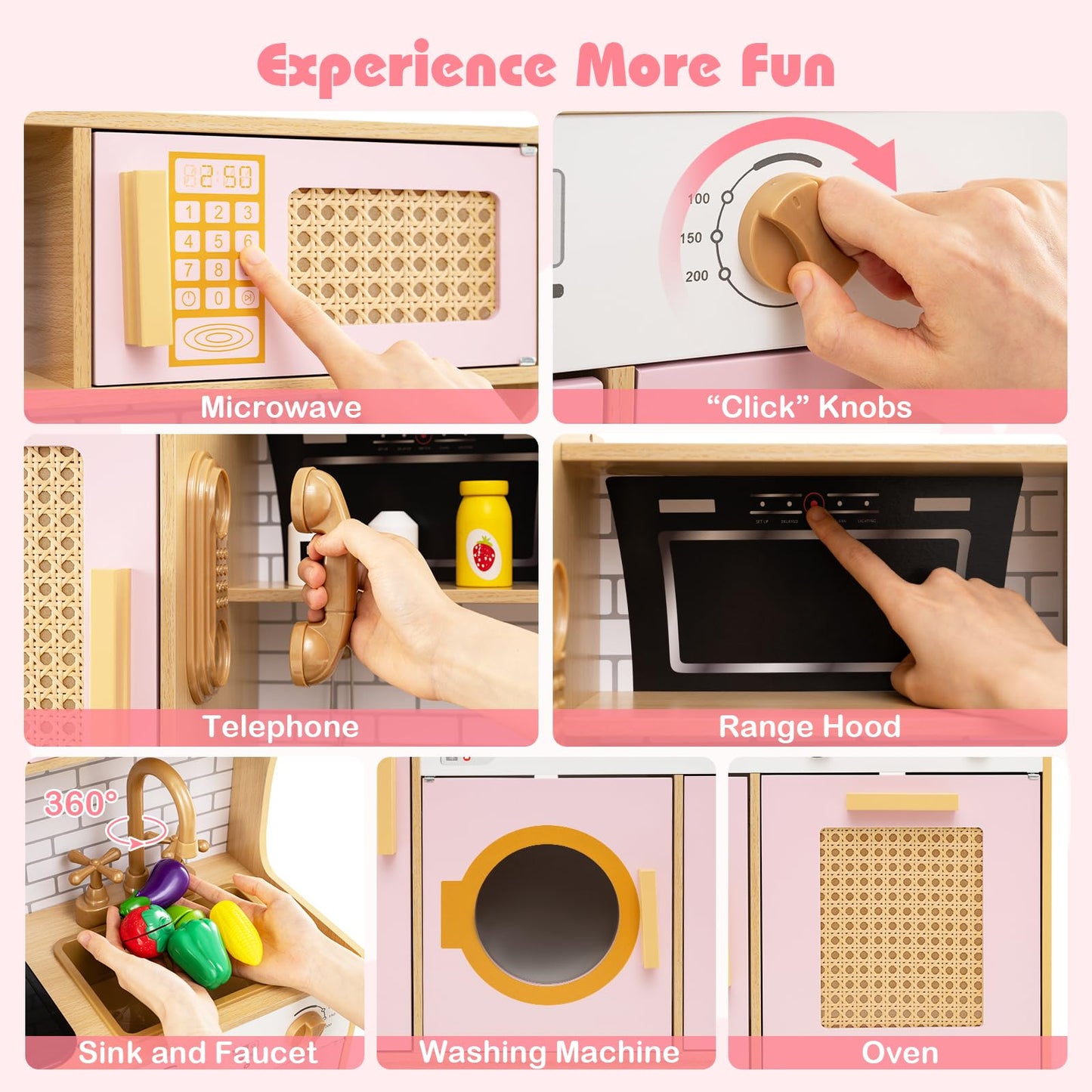 Wooden Kids Kitchen Playset with Real Sounds Lights Stove Water Dispenser
