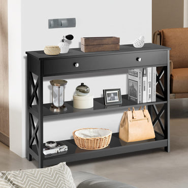 X-Shaped Sofa Side End Table with Drawer and 2 Storage Shelves