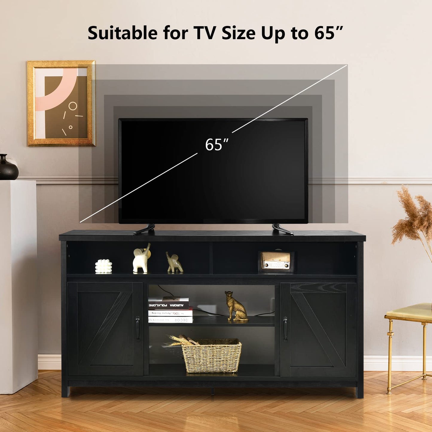 Modern Farmhouse TV Cabinet with Barn Doors for TVs Up to 65 Inches