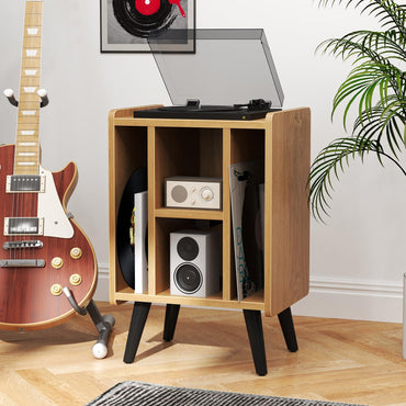 Record Player Stand with 4 Open Shelves Power Outlet USB Charging Port