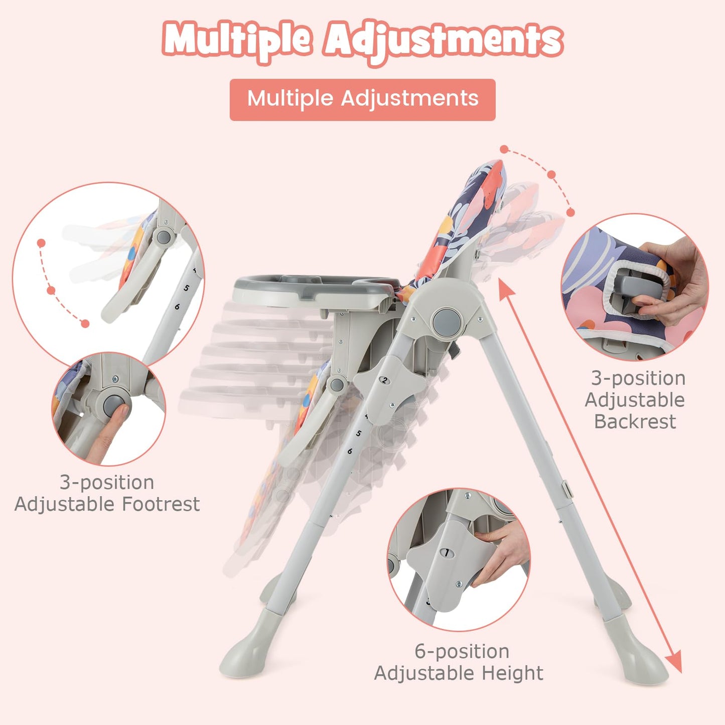 Height Adjustable Feeding High Chairs with Removable Tray