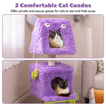 Cute Monster-Themed Cat Tower with 2 Private Condos and Soft Long Plush