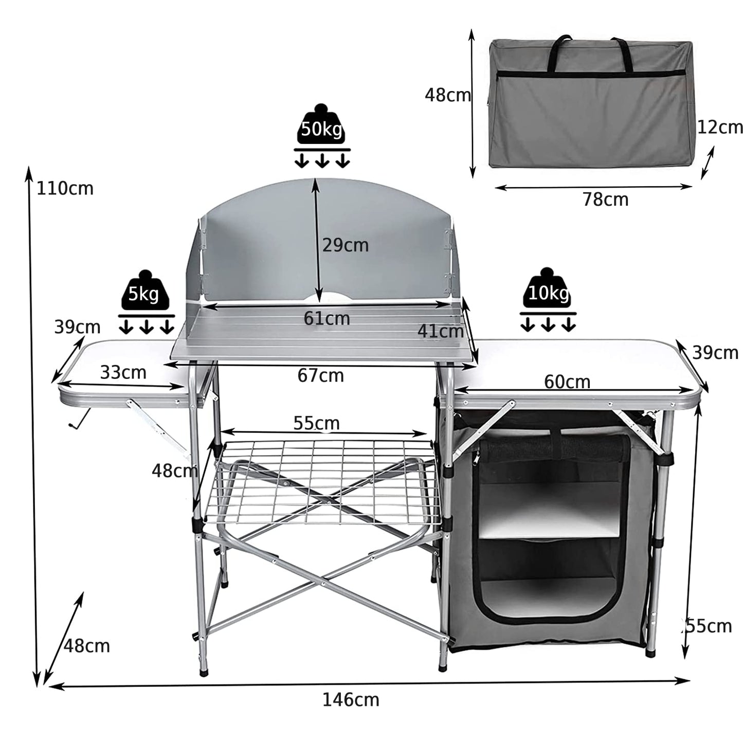 Outdoor Camping Table with Storage and Windscreen for BBQ