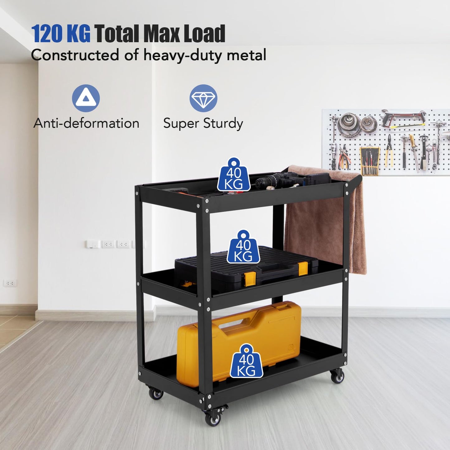 3-Tier Rolling Tool Cart with 4 Universal Wheels with 2 Brakes