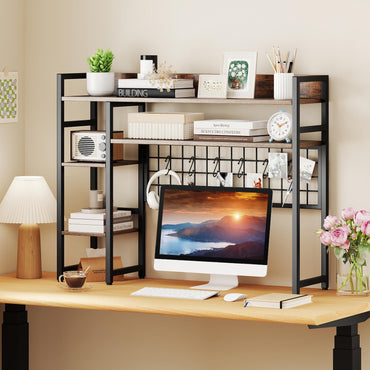 Desktop Bookshelf with 4 Open Storage Shelves for Computer Monitor Up to 32 Inch