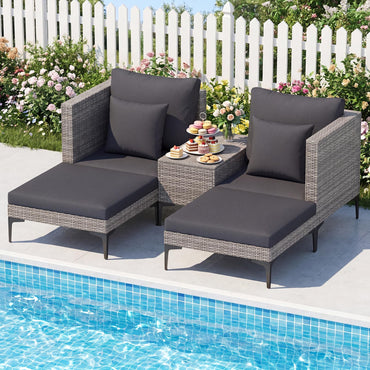 5-Piece Rattan Garden Furniture Set, Patio Conversation Set with 2 Chairs, 2 Ottomans, Coffee Table & Thick Cushions