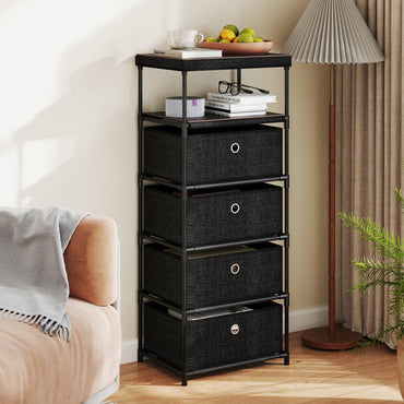 4 Drawer Fabric Dresser Tower with Wood Top and Open Shelf