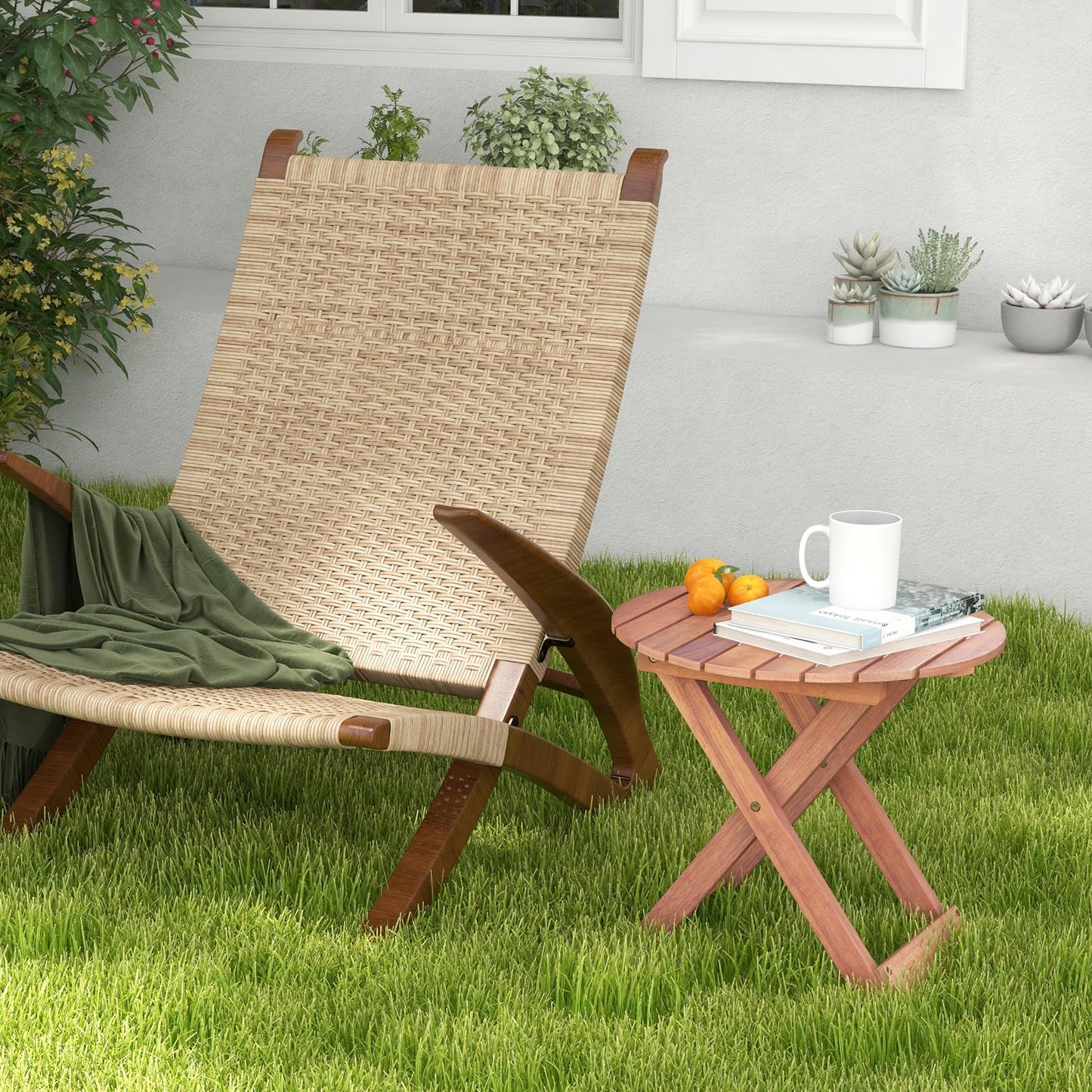 Folding Round Solid Acacia Wood Small Garden Coffee Table
