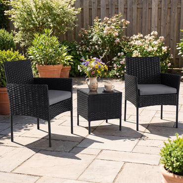 3-Piece Patio Bistro Set, PE Rattan Furniture Set with Soft Cushions & Tempered Glass Top Table