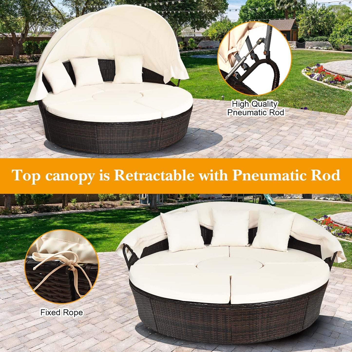 Patio Wicker Sun Bed Sectional Sofa Set with Retractable Canopy