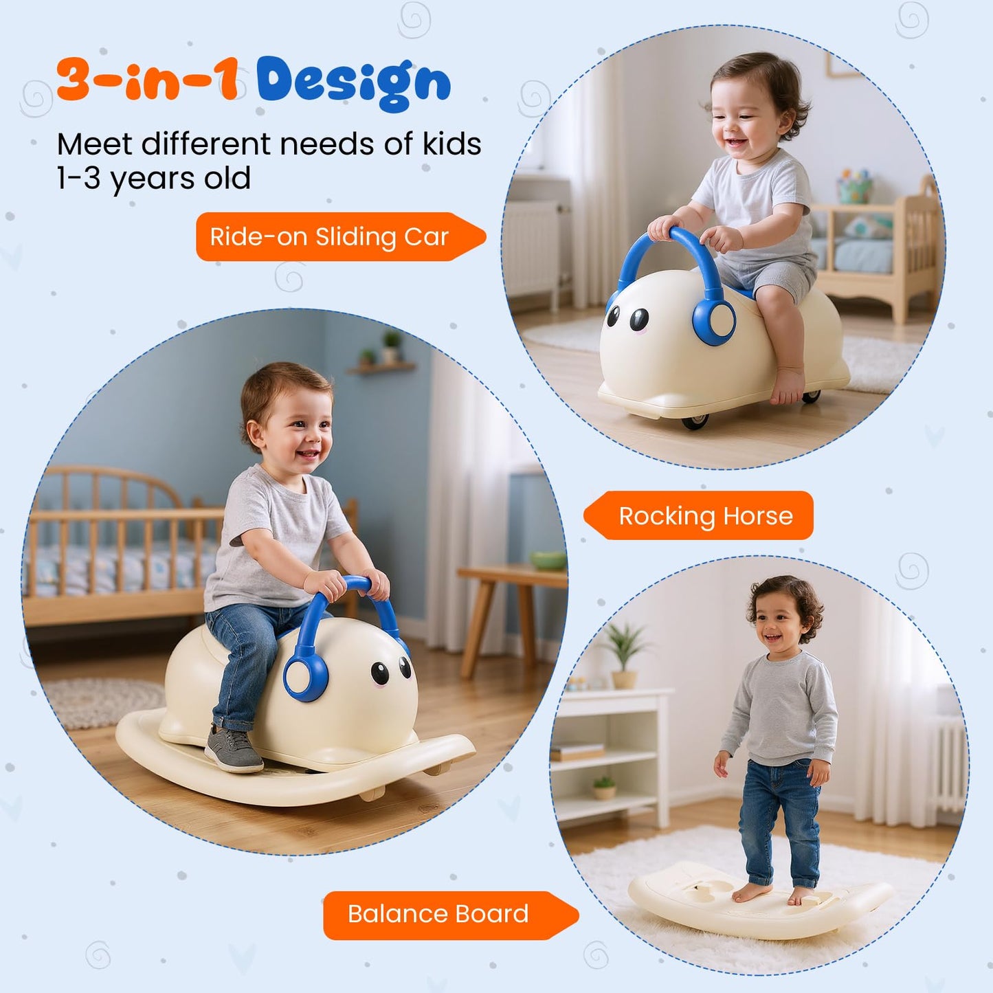 3-in-1 Rocking Horse for Toddlers 1-3 Years Old with Rolling Wheels
