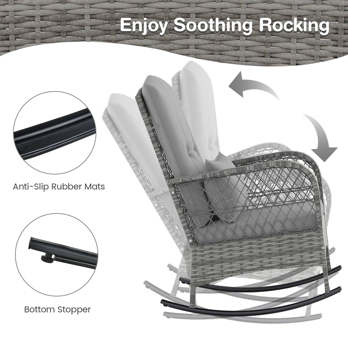 3 Piece Outdoor Rocking Chair Set with Cozy Cushions and Pillow