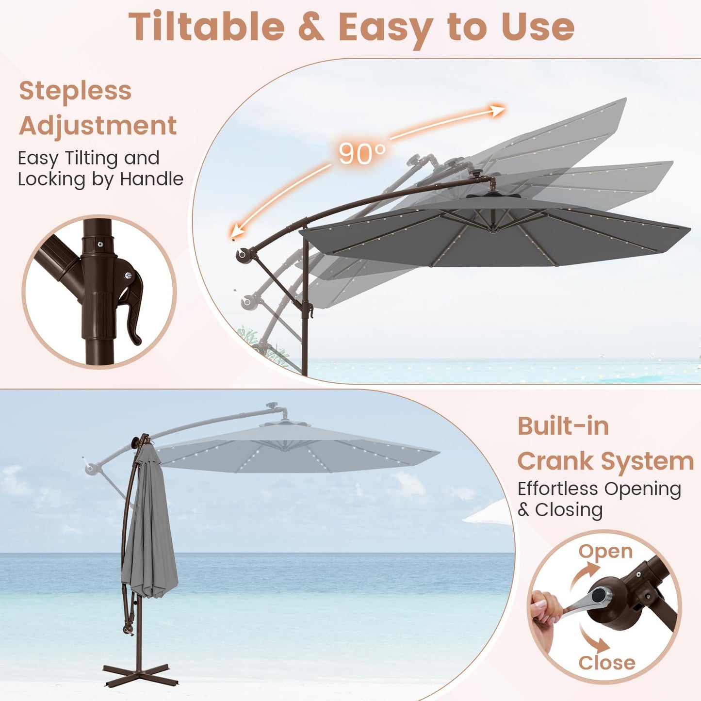 3M Cantilever Garden Parasol with 40 LED Lights & Solar Panel Batteries