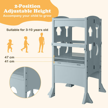 Height Adjustable Toddler Kitchen Helper with Safety Latches and Protective Rail
