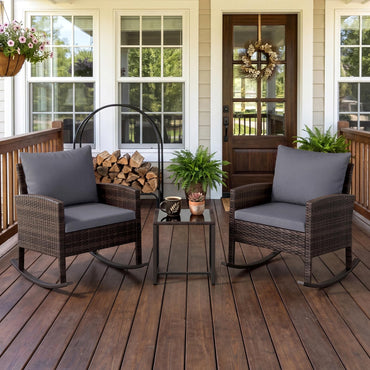 3 PCS Garden Rocking Bistro Set, PE Rattan Furniture Set with Coffee Table