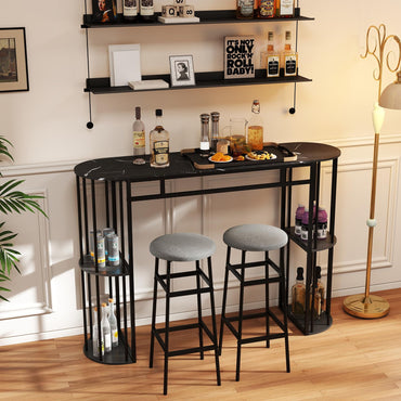 150cm Bar Table with Faux Marble Top & Side Shelves