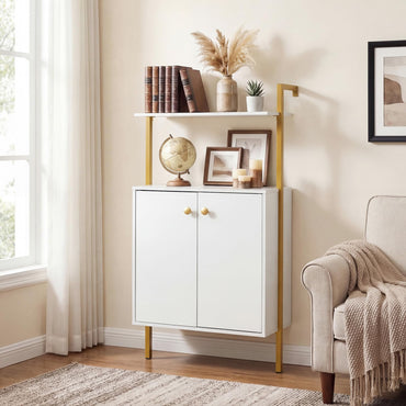 Wall Mounted Bookshelf with 2-Doors Cabinet, 4-Tier Wall Storage Bookcase Shelving Unit