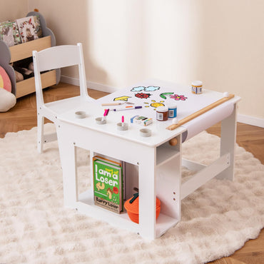Toddler Craft Play Study Drawing Desk with Paper Roll 4 Paint Cups