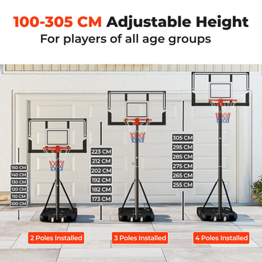 1-3.05m Portable Basketball Hoop Outdoor with Shatterproof Backboard