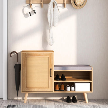 2-in-1 Rattan Shoe Cabinet with Bench and 3 Adjustable Shelves