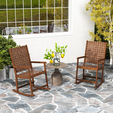 Wood Rocking Chair with PU Seat and Rubber Wood Frame for Porch Backyard Balcony