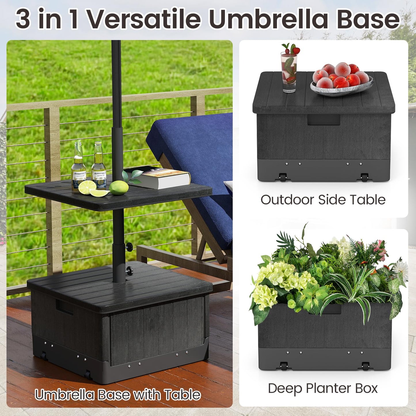 3-in-1 Patio Umbrella Base with Adjustable Tray and Weighted Bag