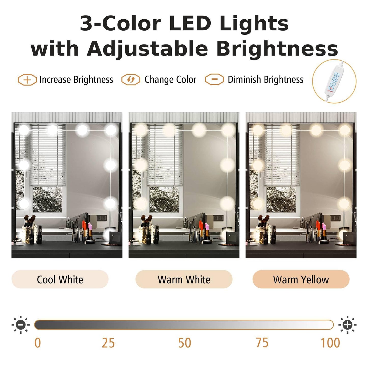 Vanity Set with 3-Color Lighting and Adjustable Brightness