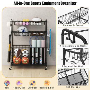 Sports Equipment Storage Rack Rolling Sports Ball Storage Cart