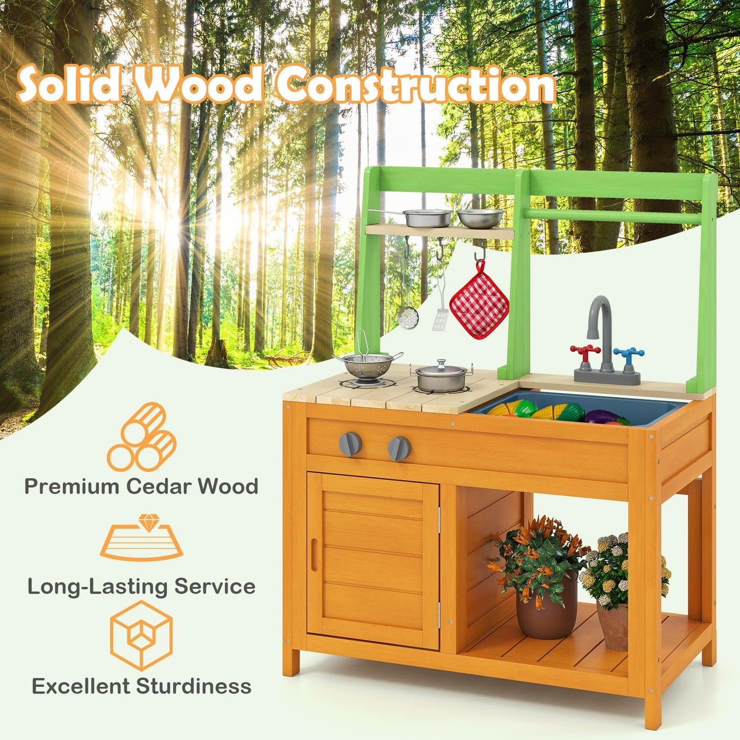 Wooden Kids Toy Kitchen with Realistic Stoves