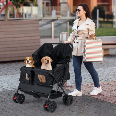 Double Pet Stroller, Foldable Dog Travel Pushchair Cat Buggy