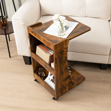 C-Shaped Side Table with Storage Shelf for Bedroom and Living Room