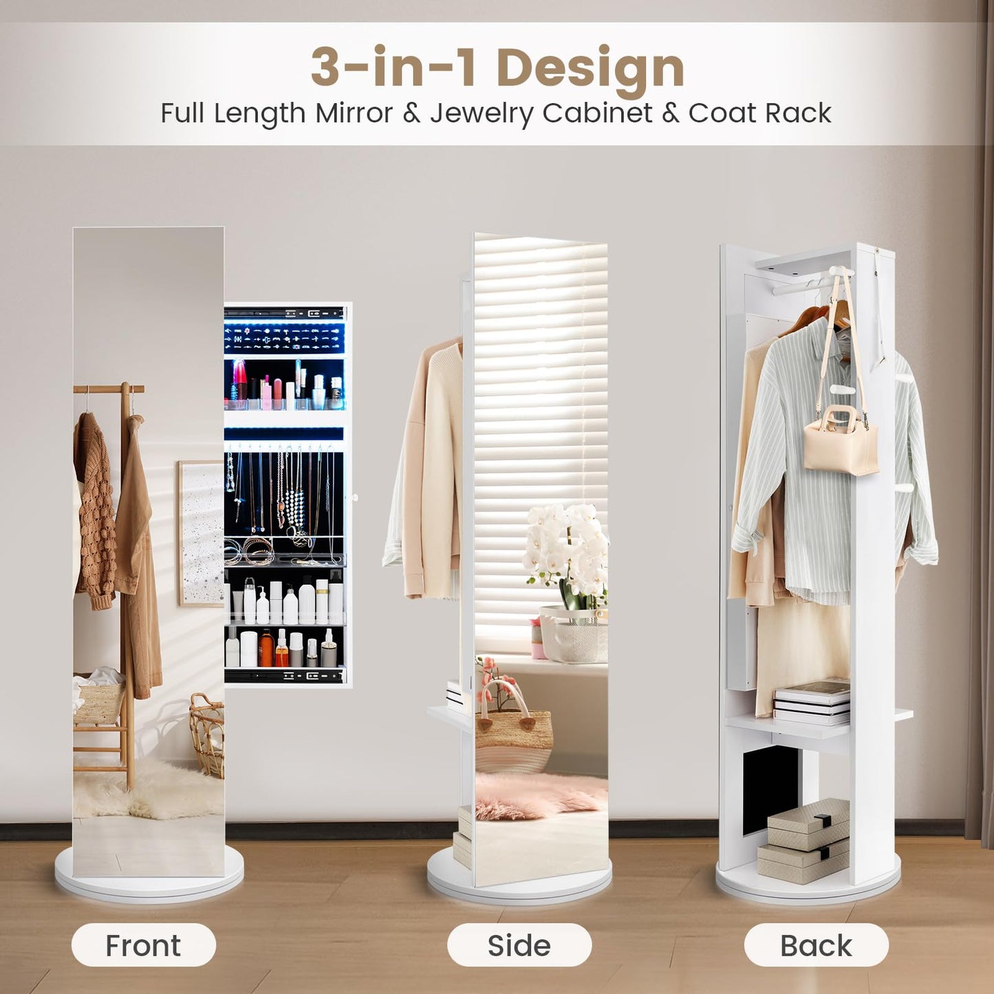 Swivel Jewelry Cabinet with Full-Length Mirror Cosmetics Storage