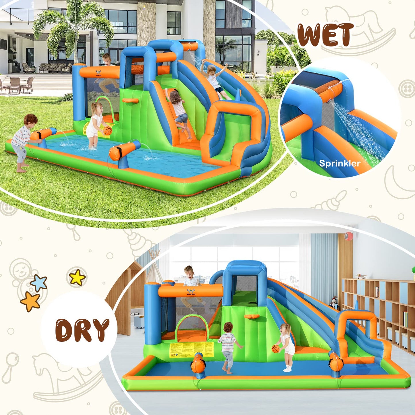 6 in 1 Giant Water Park with Long Slide for Summer Outdoor Play