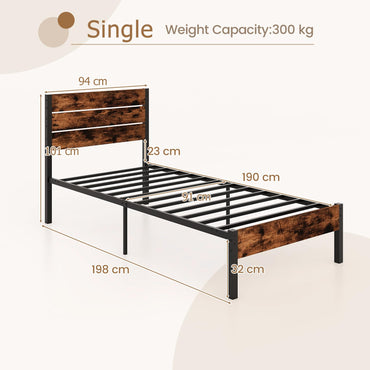 3FT Industrial Metal Platform Bed Frame with Wood Headboard & Underbed Storage