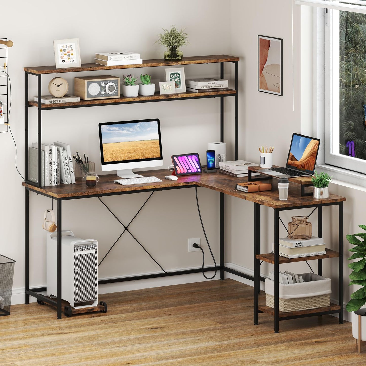 L-Shaped Gaming Desk with LED Strip and Power Outlets